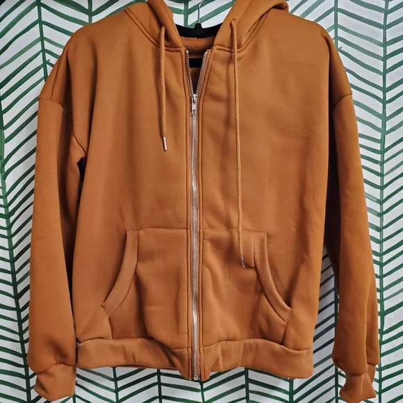 Cozy Gingerbread colored bomber jacket style hoodie with zip up and pockets M - Picture 2 of 7